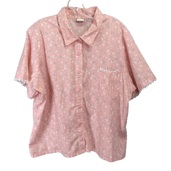 Boca Bay Women's Pink Eyelet Floral Snap Short Sleeve Shirt Sz XXL Lace Trim - Picture 1 of 9